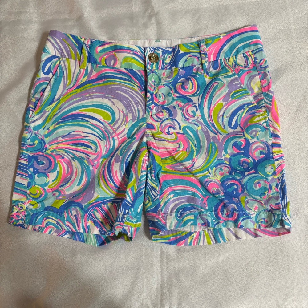 Lilly Pulitzer Jayne Multi Gillty Pleasure Bermuda Shorts Sz 4 Cotton Pink Blue